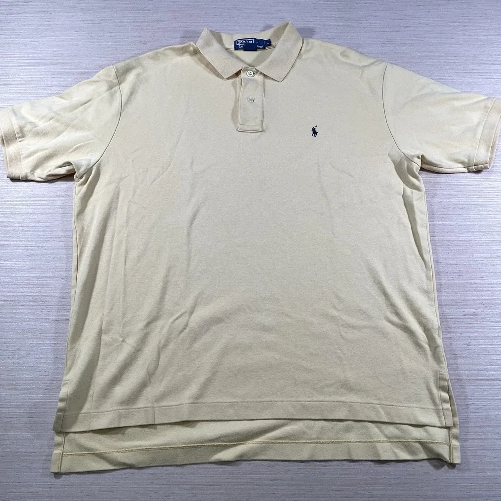 Polo Ralph Lauren Shirt Mens Large Yellow Short Sleeve Dark Blue Pony Vintage